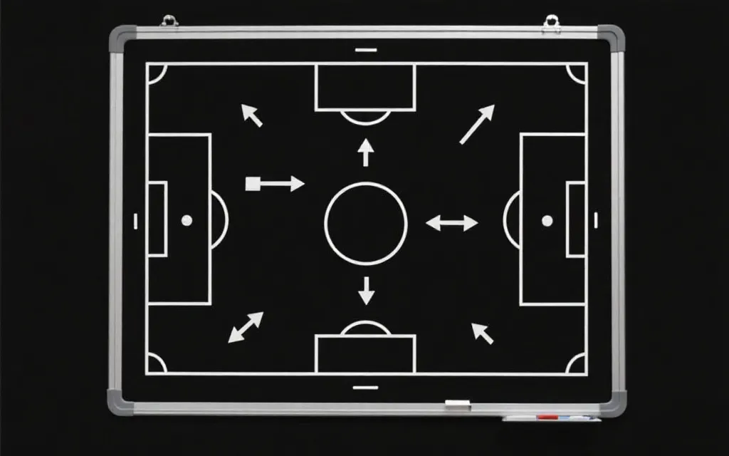 极简战术板风格的足球场示意与箭头路线，用于决赛复盘