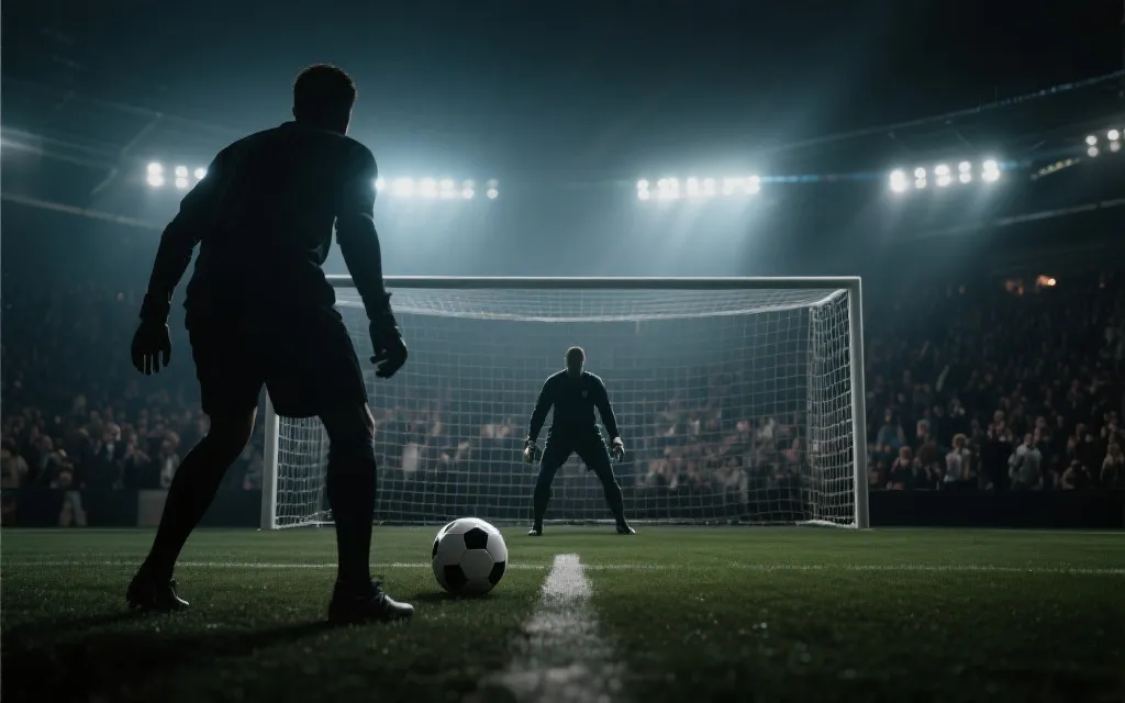 点球大战场景的抽象插图：门将与罚球点、紧张氛围、记分牌